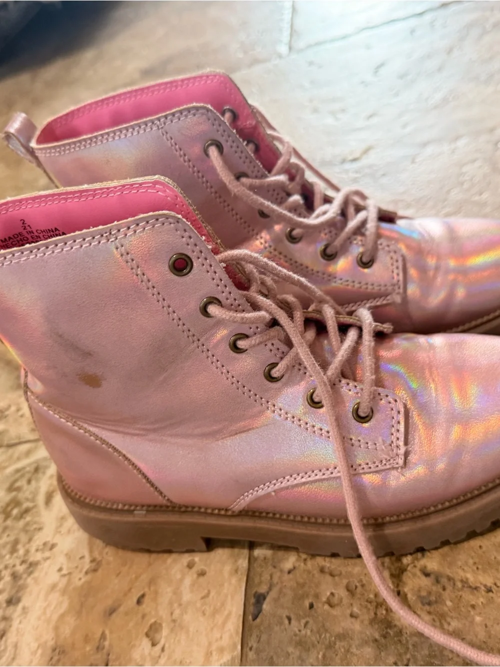Holographic Pink Lace-Up Combat Boots